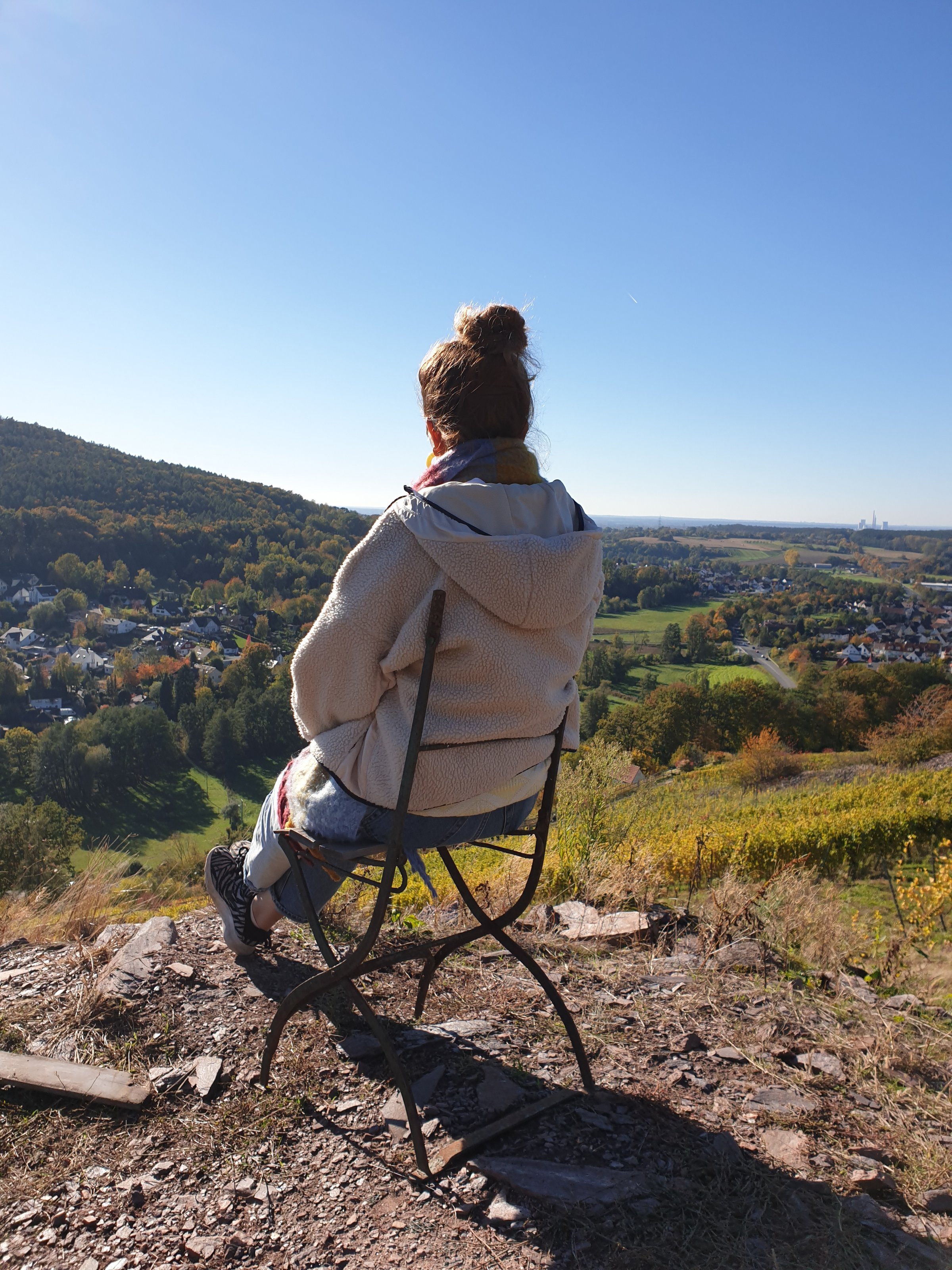 Frau von hinten im Weinberg sitzend