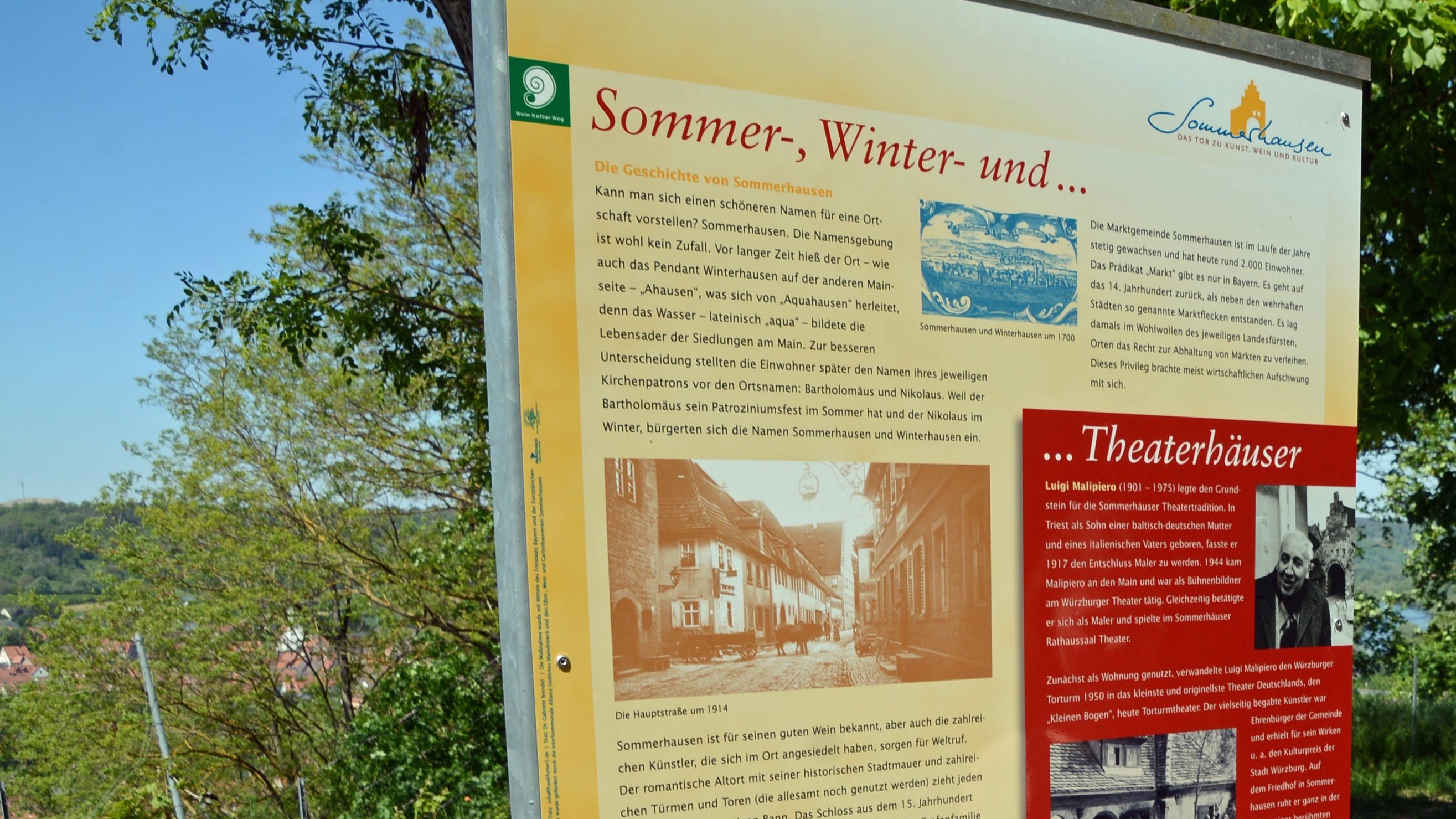 Eine Infotafel vom Wein-Kultur-Weg durch die Sommerhäuser Weinberge. Thema: Sommer- und Winterhausen. 
