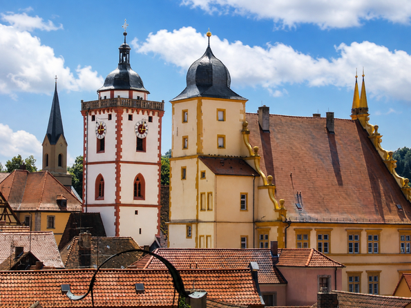 View of church towers and castle