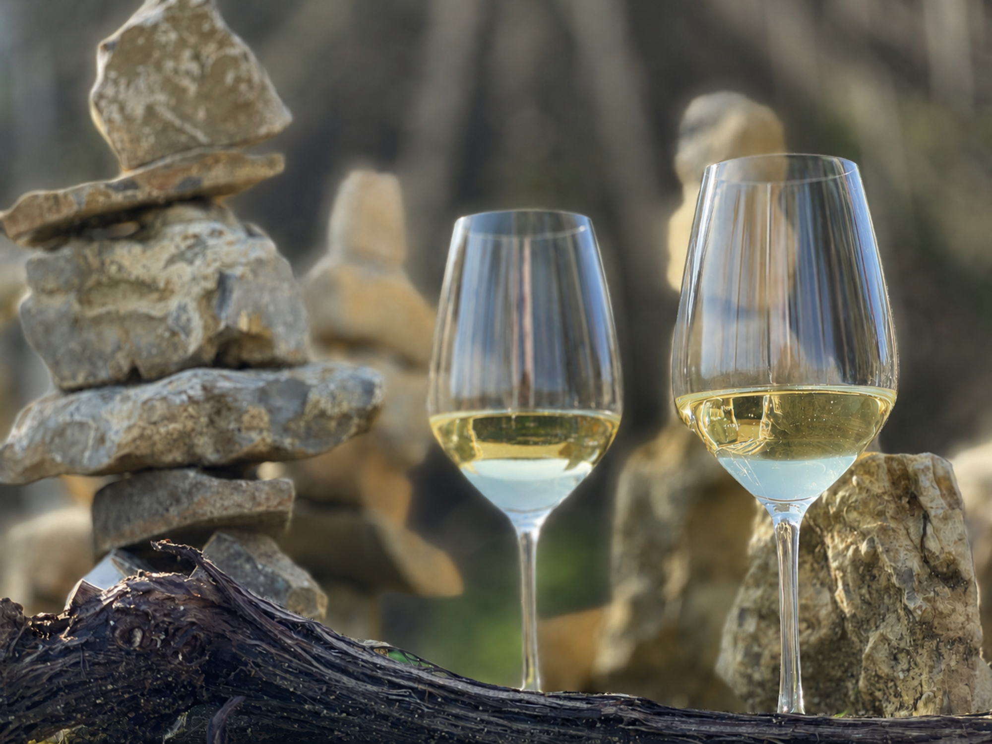 Dieses Foto zeigt 2 Weingläser, Gestein und Weinberge im Hintergrund
