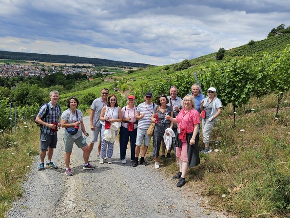 Gästegruppe bei Weinverkostung im Weinberg.