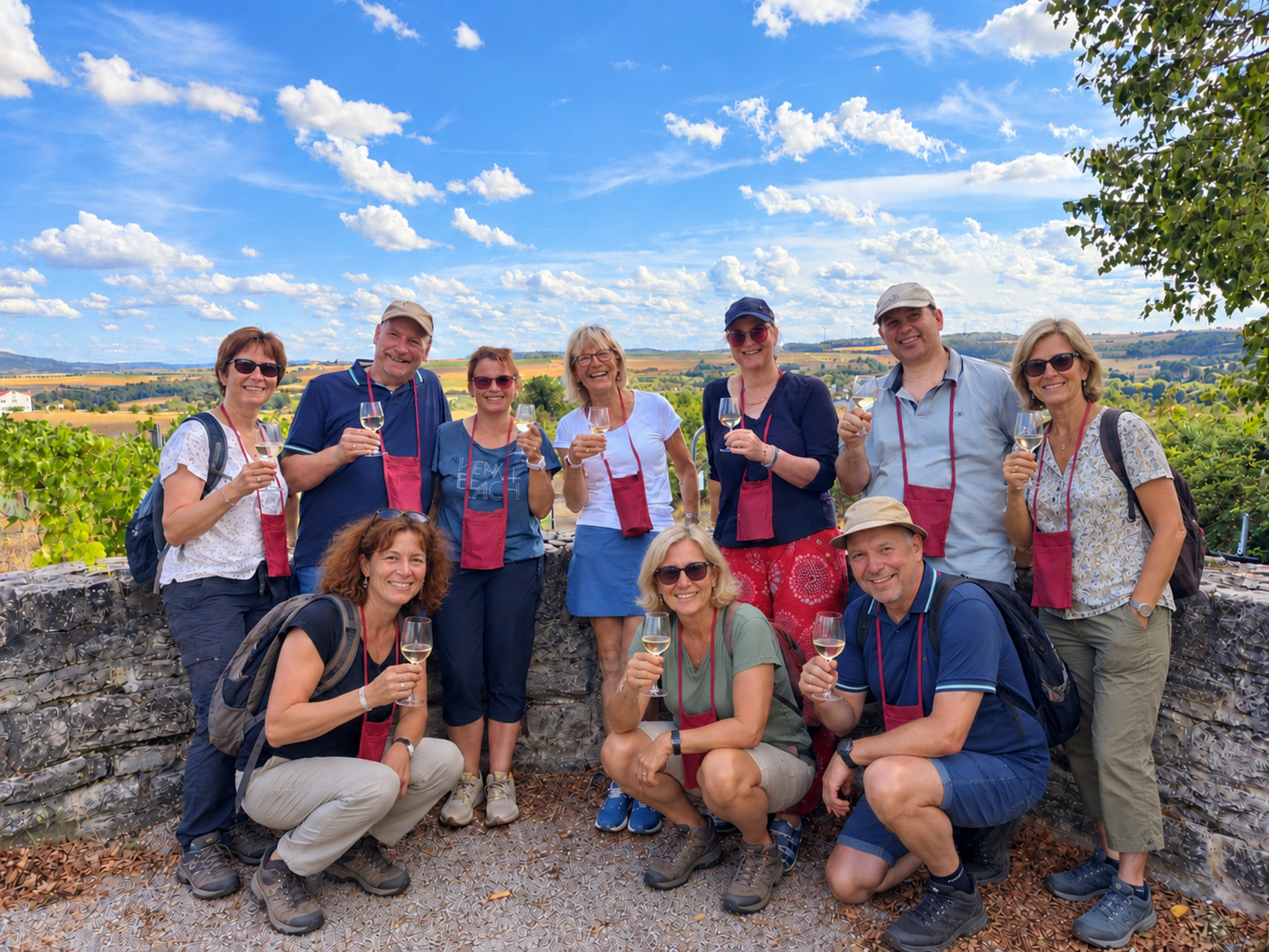 Gruppe mit Weinparadies im Hintergrund