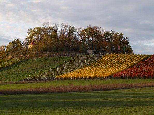 Weinbergshaus von Markt Einersheim mit herbstlich bunten Farben der Weinreben 