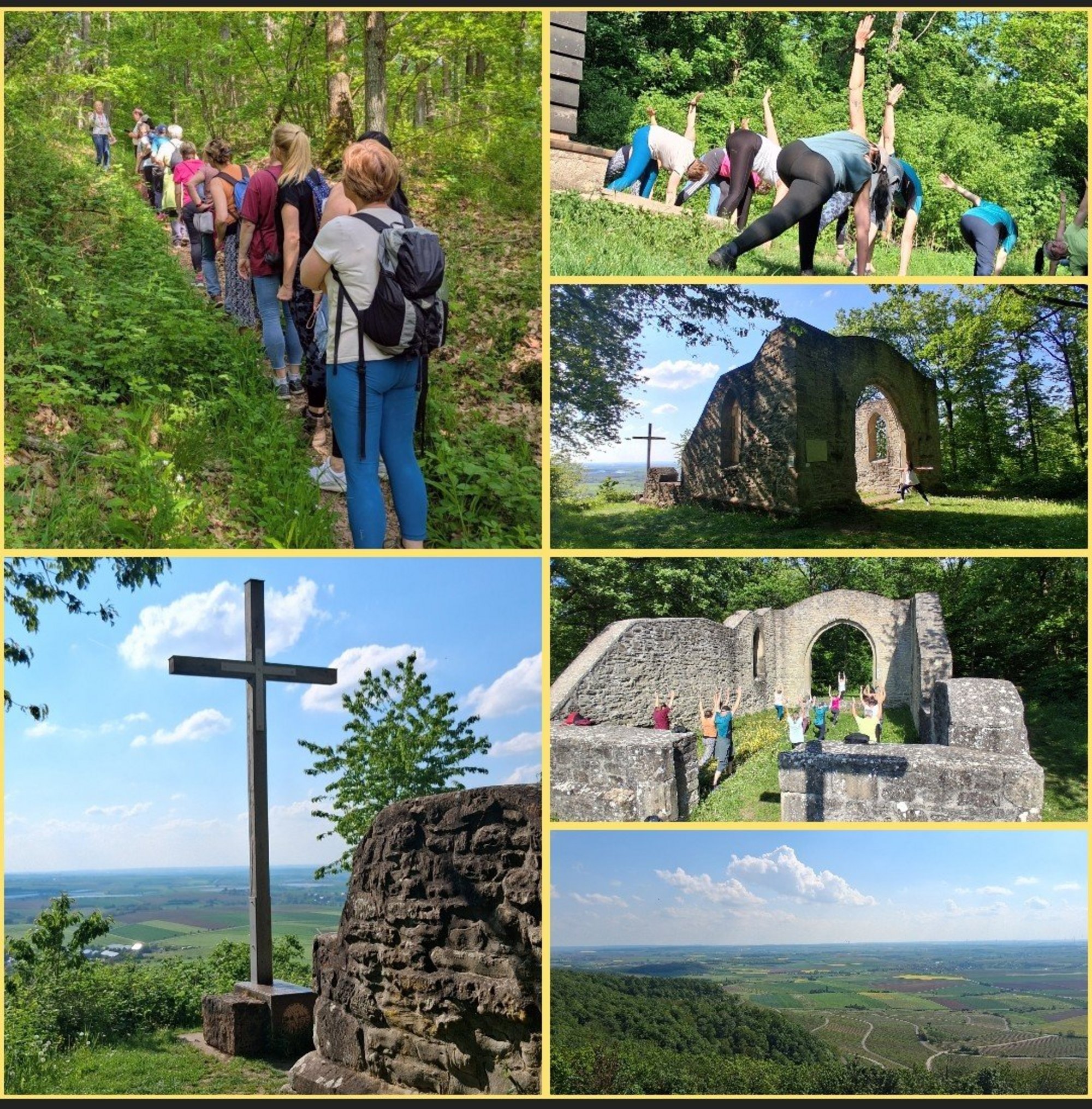 Collage: Ruine der Kunigundenkapelle, Wandergruppe, Yoga-Einheit
