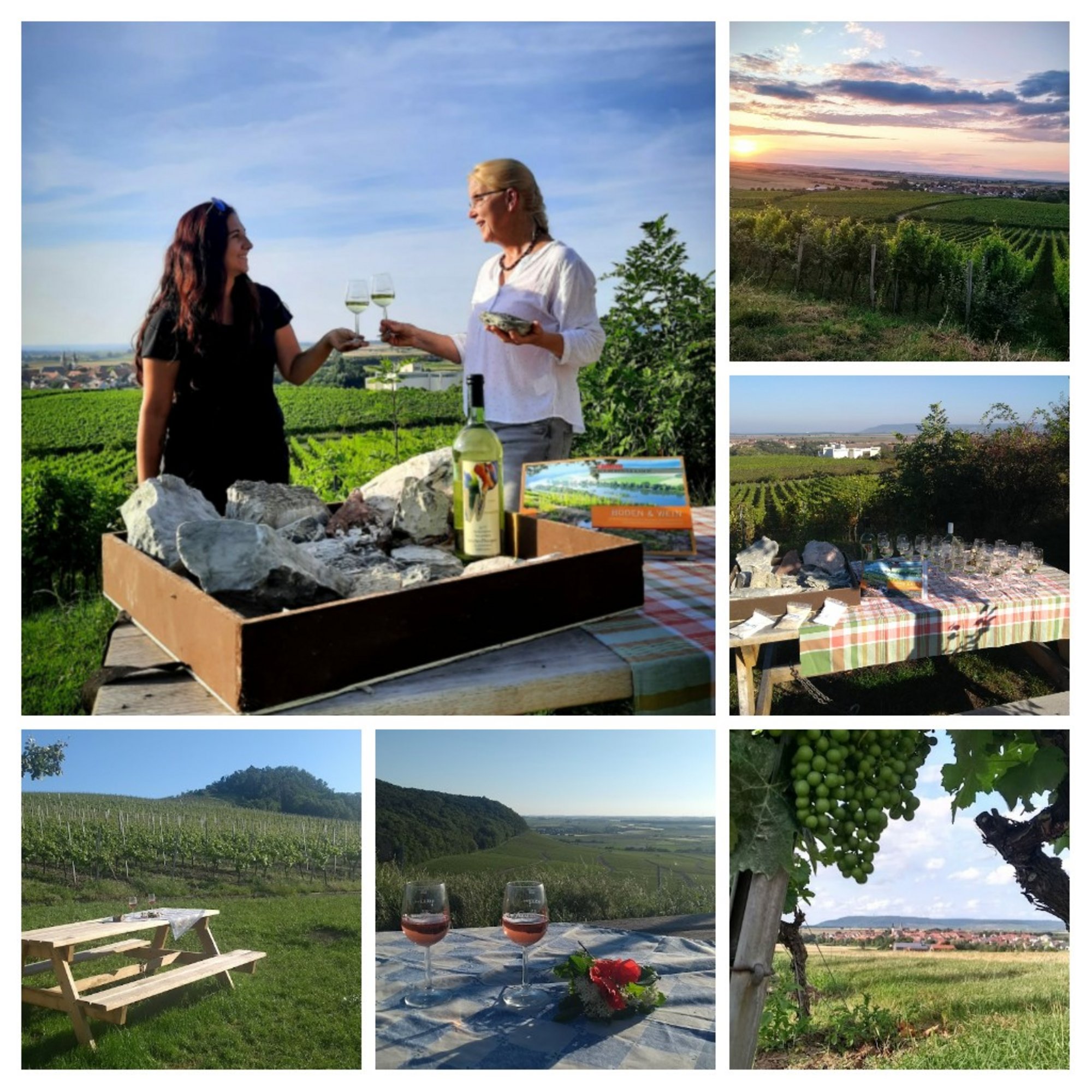 Collage: an der Wanderhütte, Auswahl an Steinen, Weinverkostung